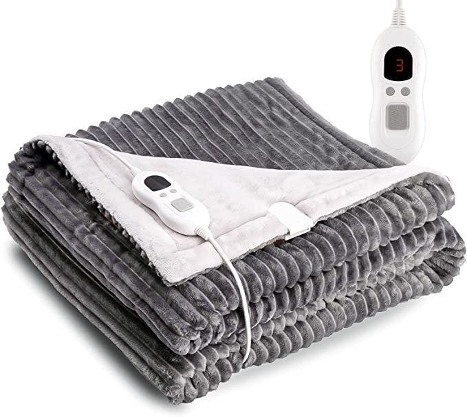 BUNANA electric blanket soft bed wool large 160x130cm, cover blanket heating throw with 3 heating levels and 2-8 hours automatic closing heating blanket, machine washable, simple operation, gray