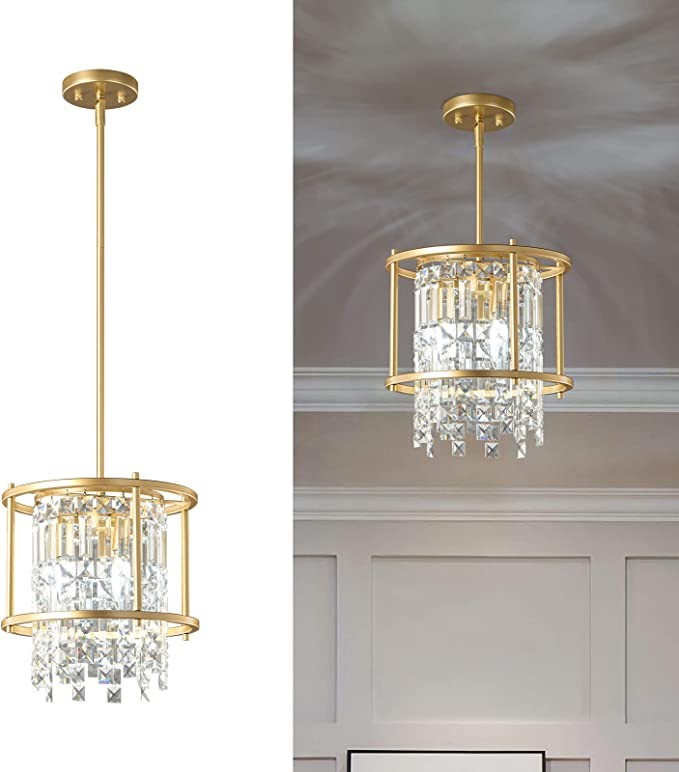 LMQNINE Dining Room Lighting Semi Recessed Ceiling Lighting Lndustrial Farmhouse Chandelier Gold Metal Crystal Chandelier for Hallway Entrance Bedroom Balcony Kitchen Island (3 Lights)