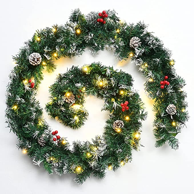2.7M Christmas Garland With Lights 9FT Artificial Wreath Garland Green Artificial Xmas Garlands with Pine Cones Red Berries Outdoor Decorations Prelit Garland For Fireplace Stairs